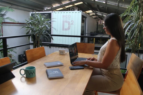 mujer joven digitando sobre su portátil en la mesa de la oficina del equipo de trabajo de vm global group